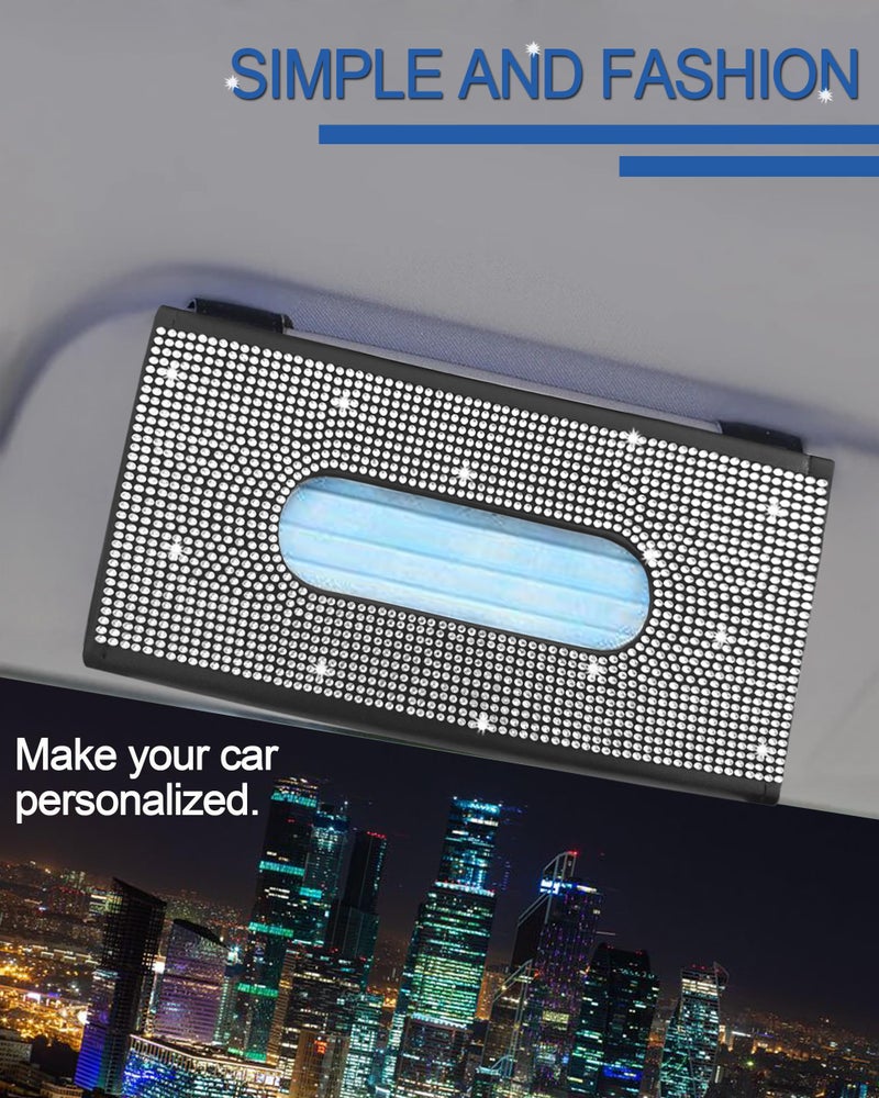 Xuduvay Bling Car Sun Visor Tissue Box Holder PU Leather with Bling Crystal Rhinestones Tissue Holder Car Accessories for Women (Black) - Image 2